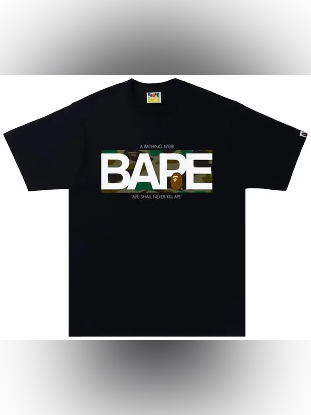 BAPE Graphic Logo Tee in Black with Yellow Camo Print